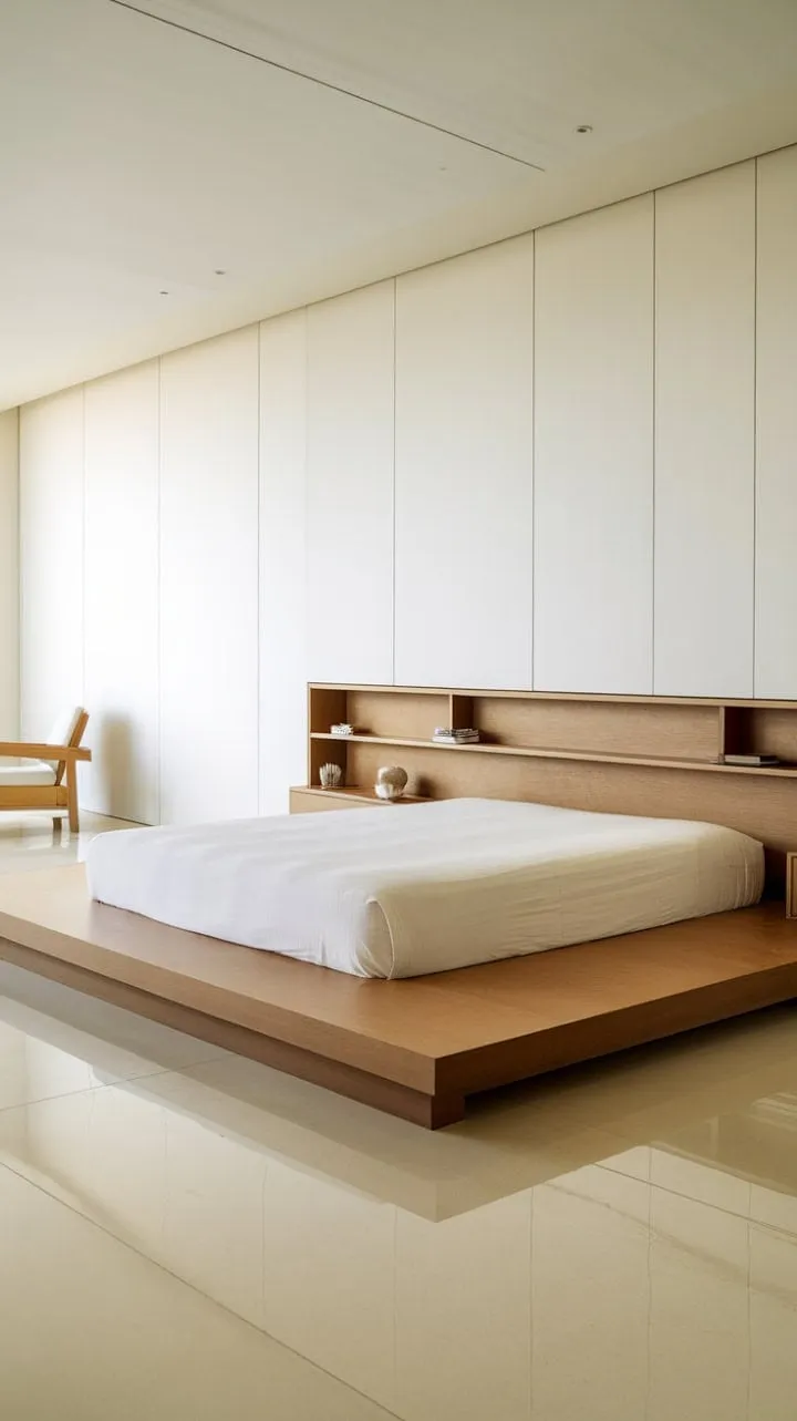 Bathed in sunlight, this minimalist sanctuary seamlessly combines sleek design and practical storage for effortless living.