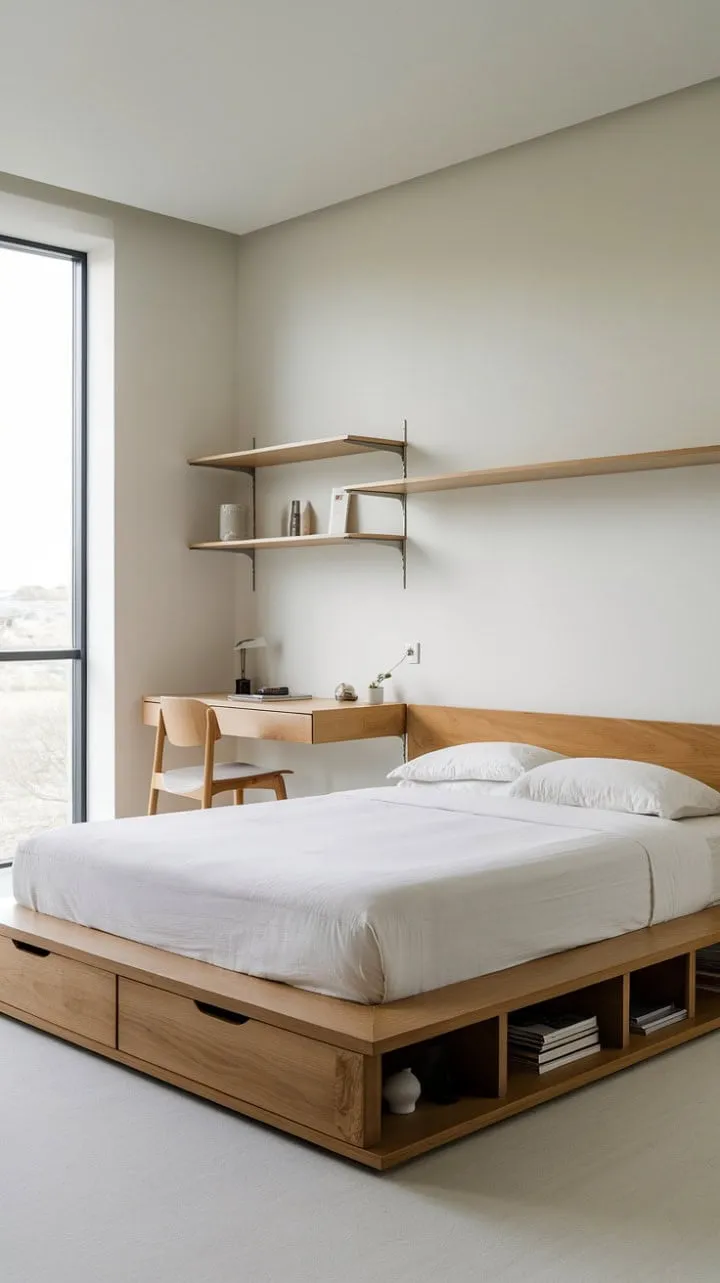 This serene minimalist bedroom, anchored by a stunning floating queen bed and complemented by a simple desk, invites peaceful contemplation in its airy, spacious design.