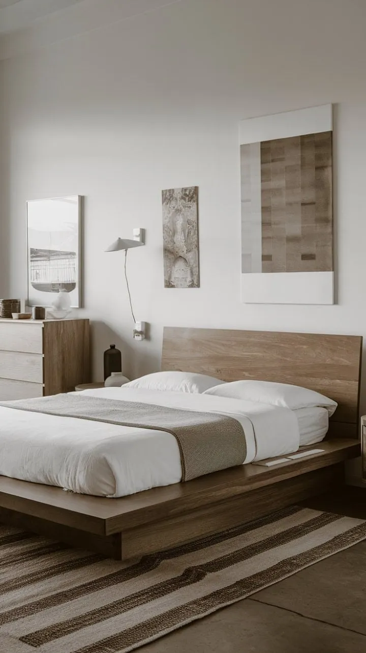 This minimalist bedroom, with its warm wood platform bed and thoughtfully chosen decor, offers a tranquil sanctuary that beautifully marries form and function.