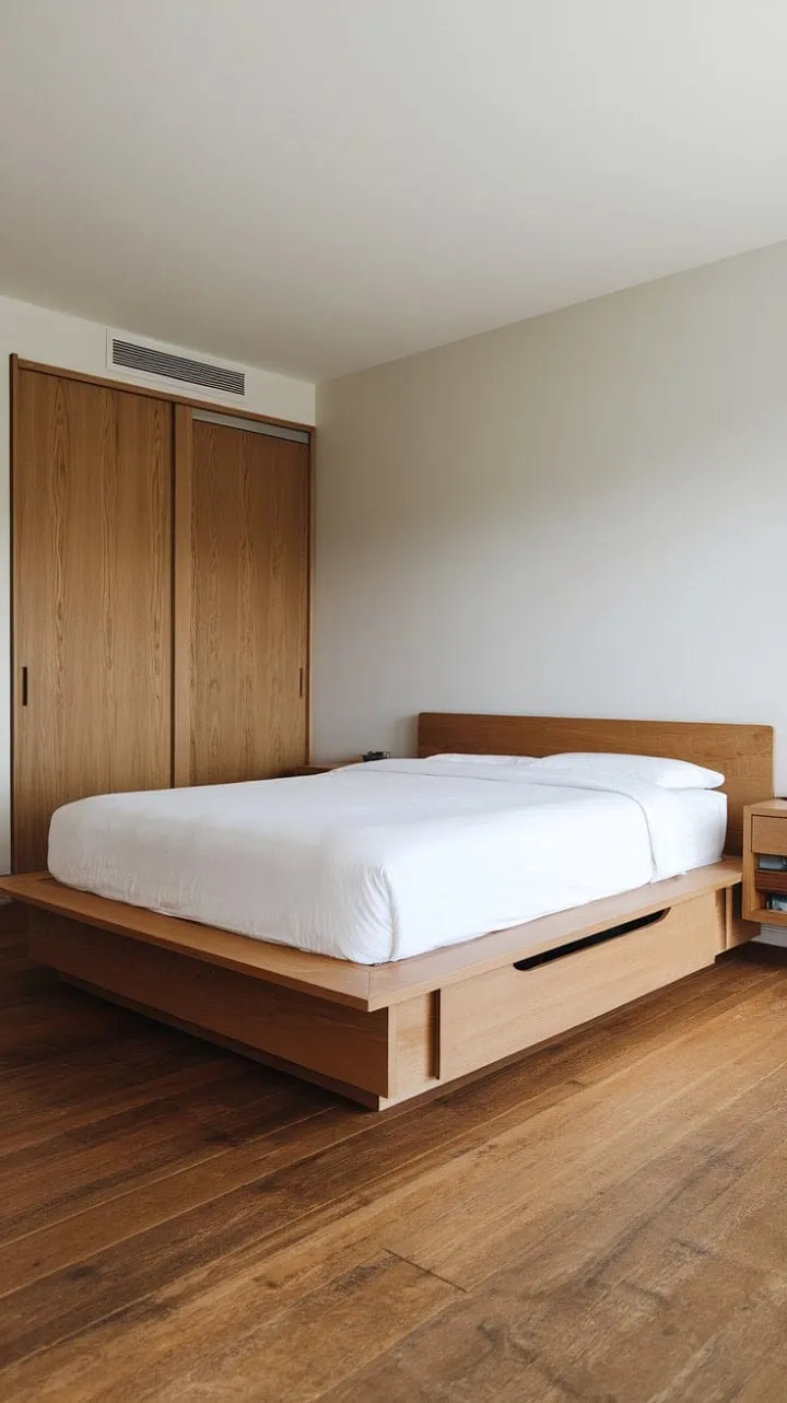 This minimalist bedroom, with its floating queen platform bed and soothing natural wood tones, embodies a serene sanctuary of understated elegance.