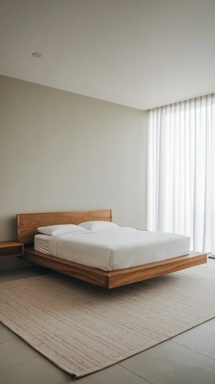 Bathed in sunlight, this minimalist bedroom features a warm wood platform bed and soft gray walls, creating a serene sanctuary for restful nights.