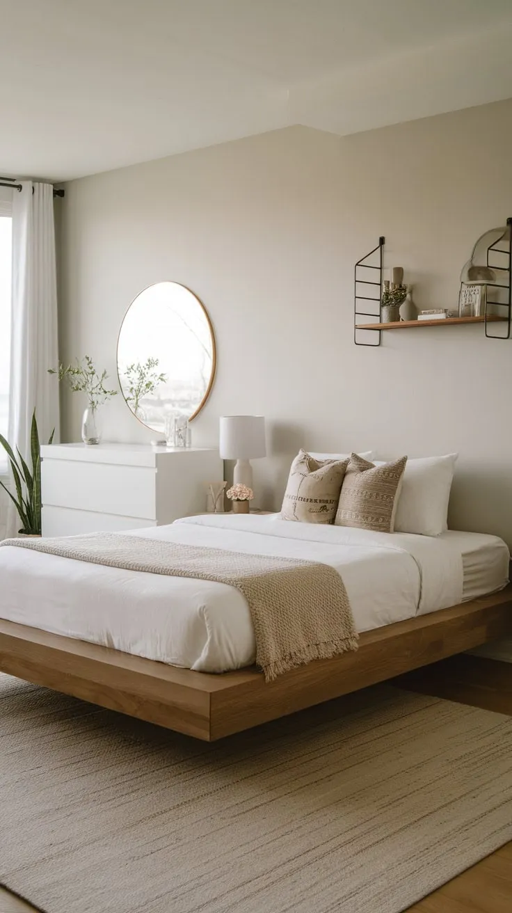 Light grey walls and a floating wood platform bed create a peaceful minimalist bedroom sanctuary.