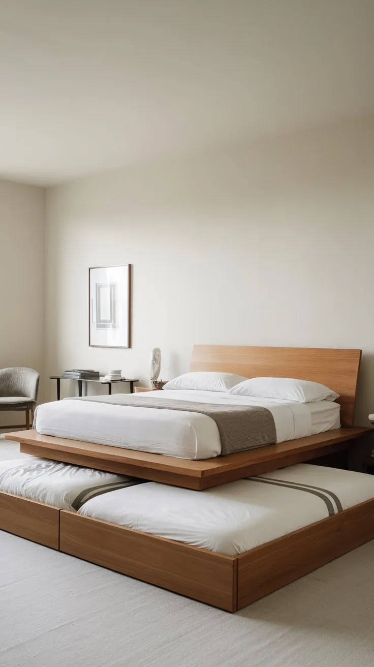 A light-filled minimalist bedroom showcases a space-saving queen platform bed with under-bed storage and sparse yet stylish furnishings.