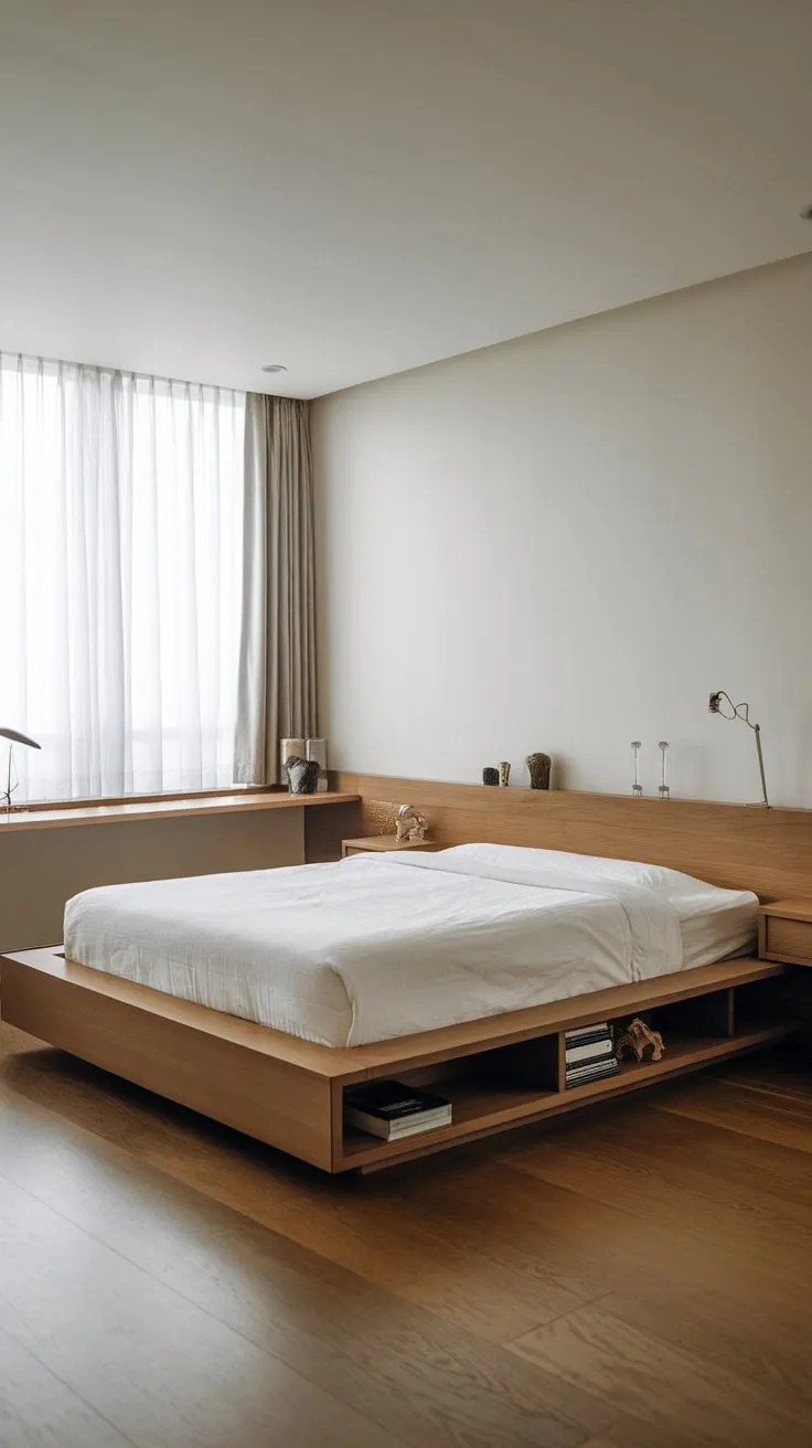 Clean lines and built-in storage define this minimalist queen bedroom, maximizing space and style.