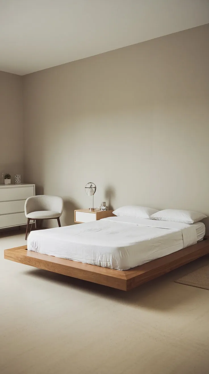 Clean lines and pale hues define this minimalist bedroom with its floating platform bed and simple furnishings.
