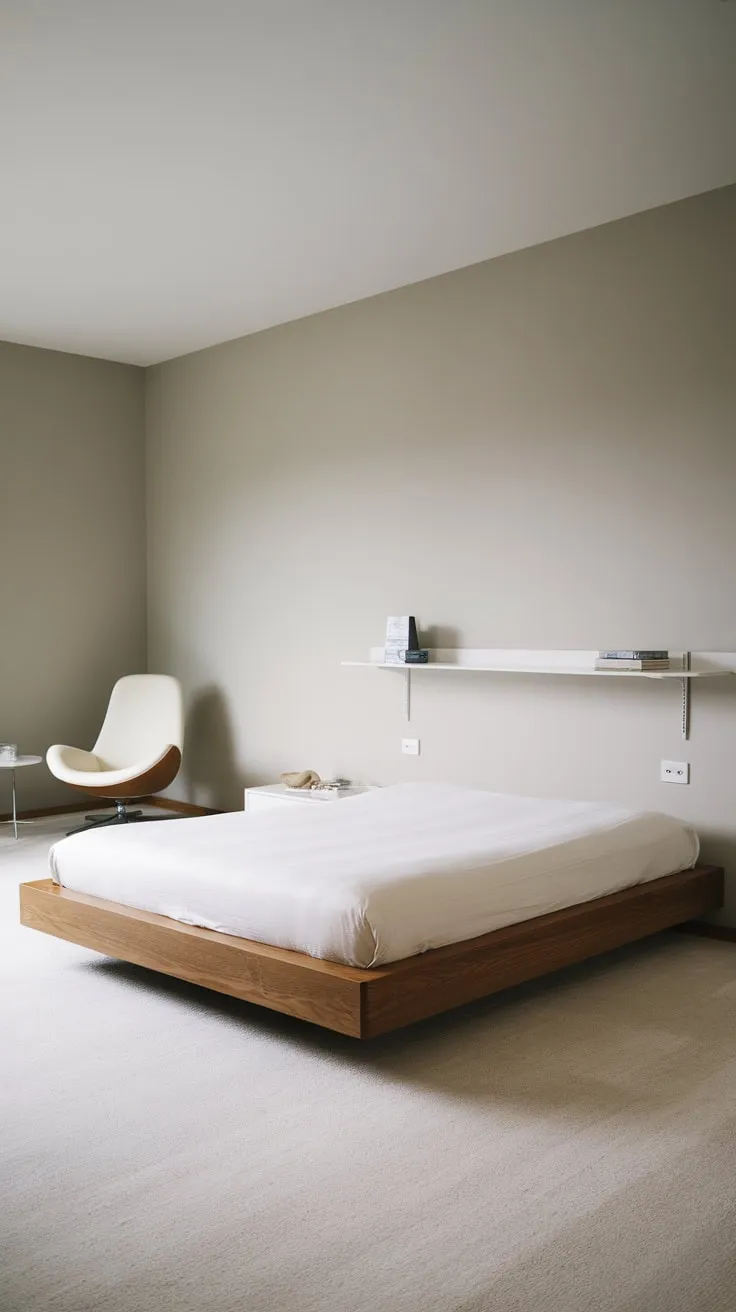 Light gray walls and a white carpet enhance the airy feel of a minimalist bedroom with a floating wood platform bed and subtle storage.