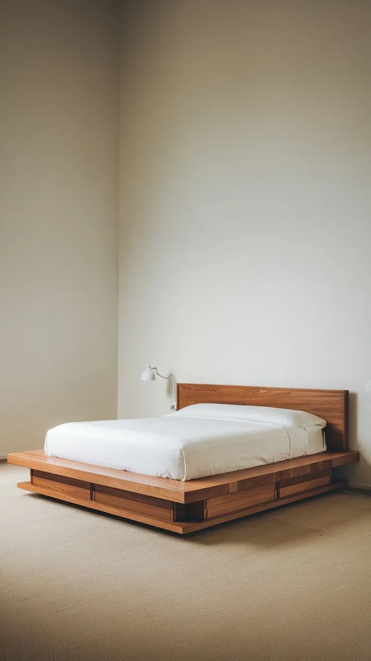 A high-ceilinged minimalist bedroom features a floating wood queen platform bed with built-in storage, resting on beige carpet and illuminated by a single white lamp.