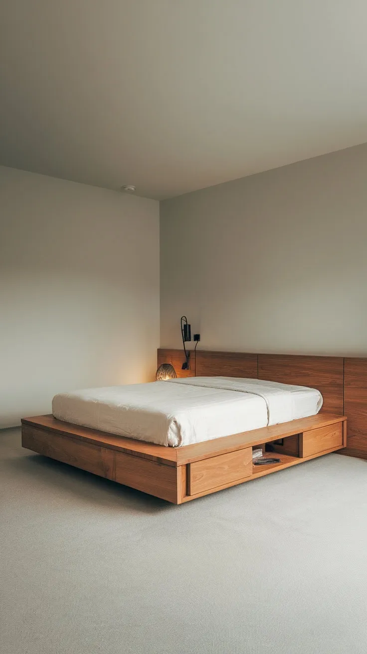 Simple elegance defines this minimalist bedroom with a wood platform bed, hidden storage, and a calming grey palette.