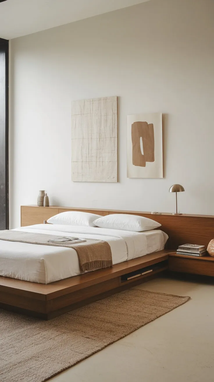 Clean lines and essential furniture create a calming minimalist bedroom haven.