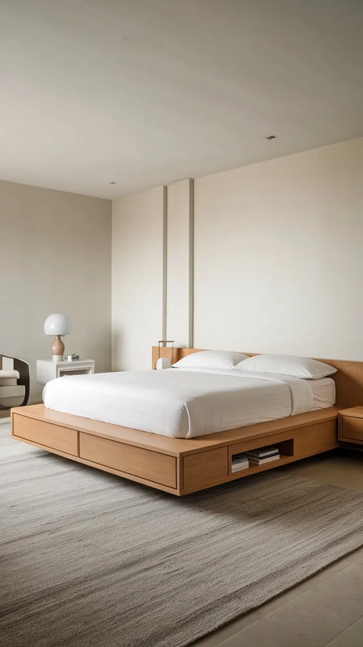 Soft lighting enhances the calm of a minimalist bedroom featuring a wood platform bed and subtle grey accents.