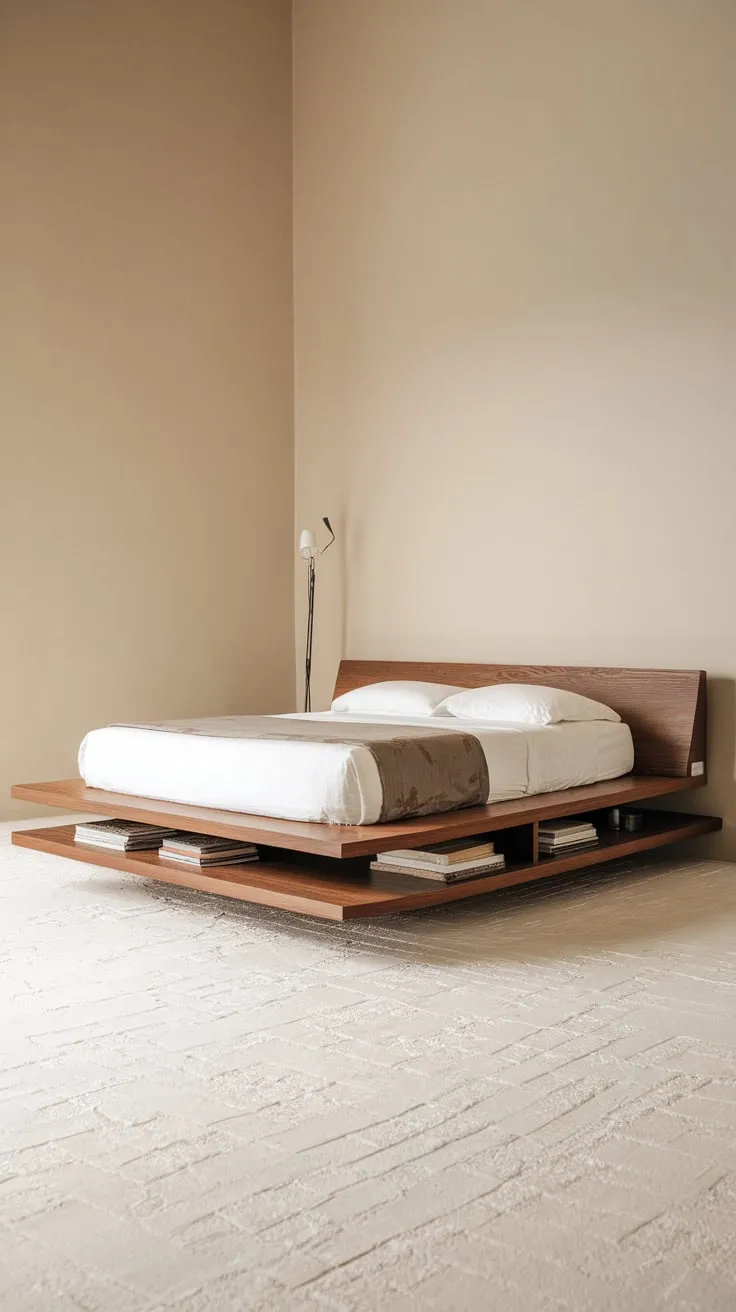 A calming beige minimalist bedroom features a floating queen bed with integrated storage above a textured white floor.