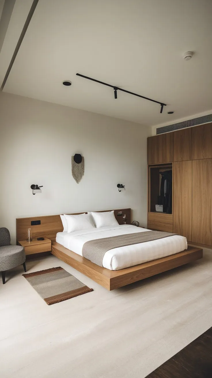 A serene minimalist bedroom features a floating queen bed and carefully curated furniture, creating a space of calm and understated elegance