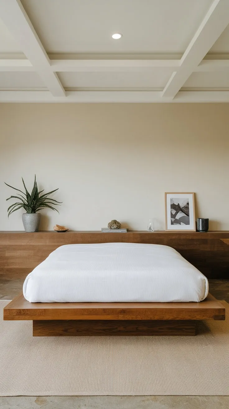 Clean lines and natural light define this minimalist bedroom, centered around a wooden platform bed and minimal wall art.