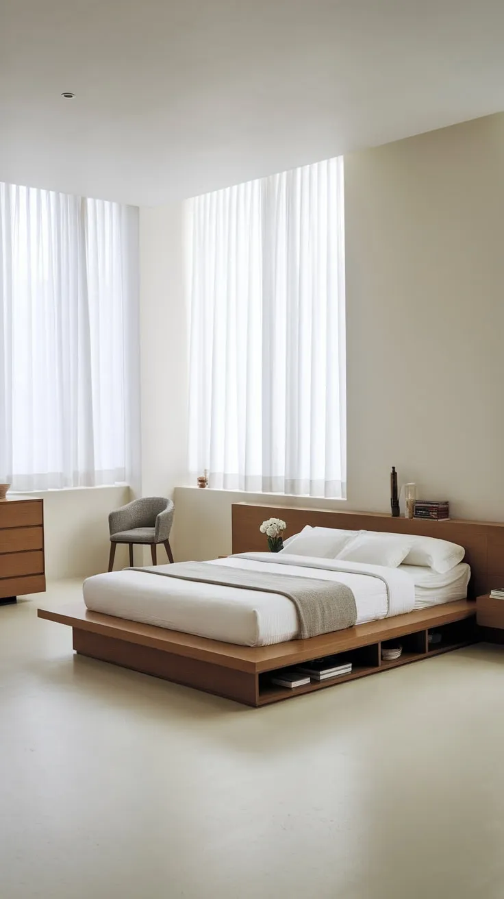 A serene minimalist bedroom boasts a floating queen bed with built-in storage, complemented by simple furnishings and abundant natural light