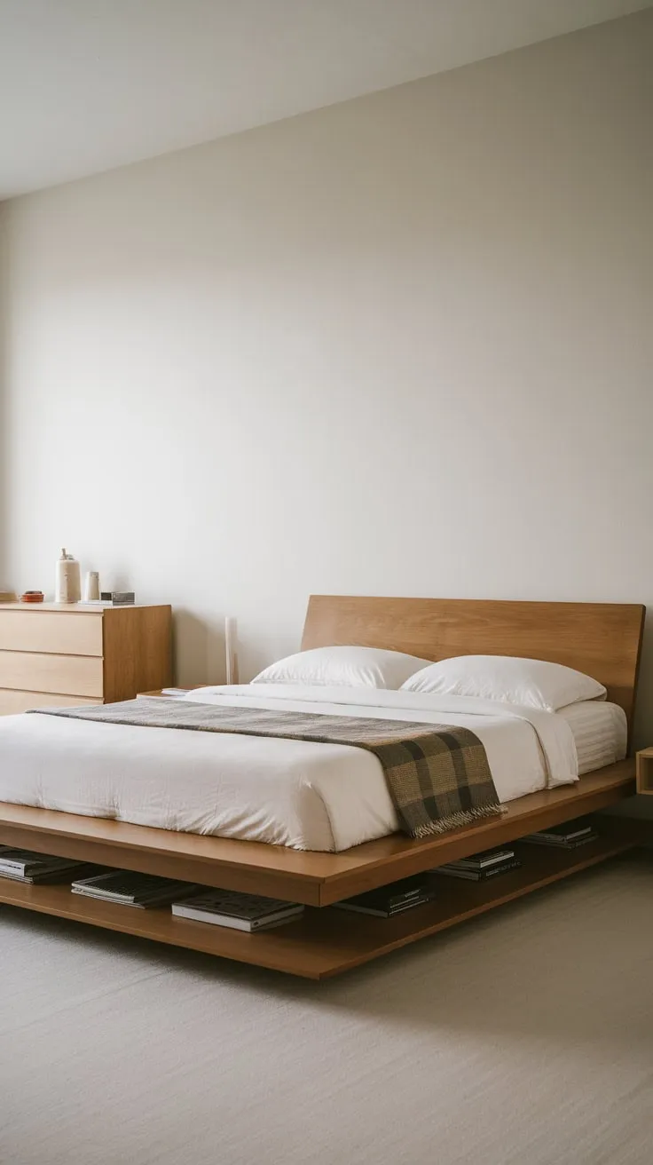 Clean lines and functional furniture define this minimalist bedroom's calming aesthetic.