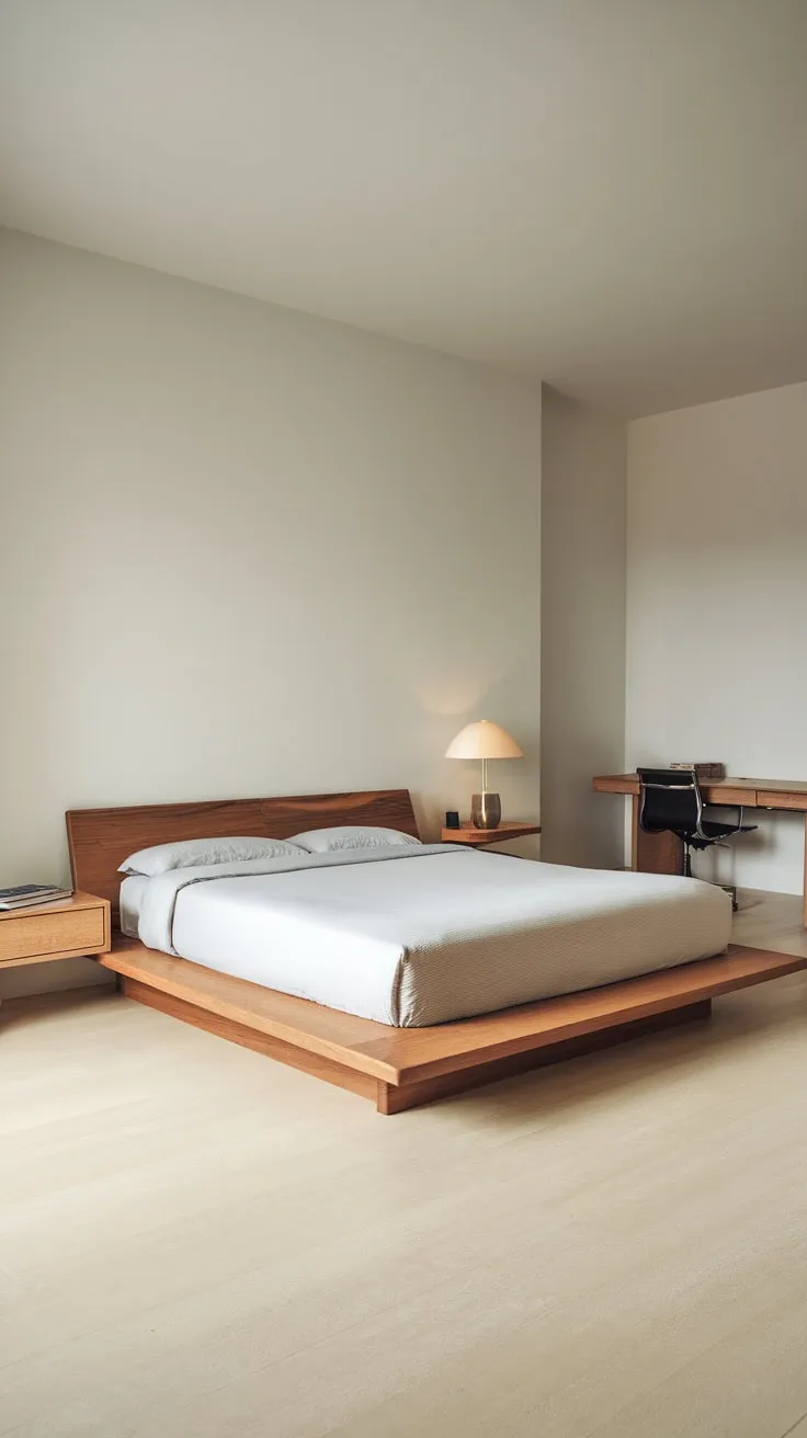 A serene white-walled bedroom features a queen platform bed and minimal furniture for a peaceful retreat.