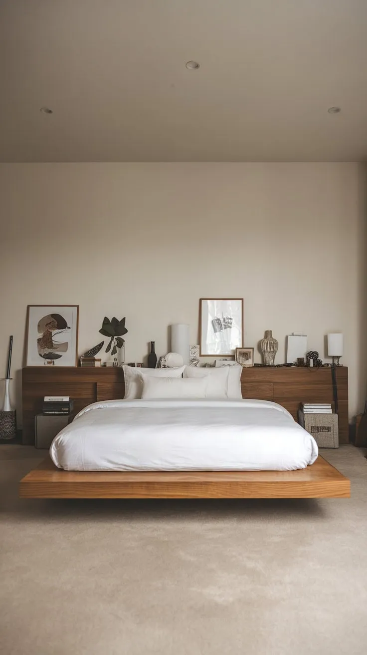Clean lines and a floating platform bed define this minimalist bedroom's calming aesthetic.