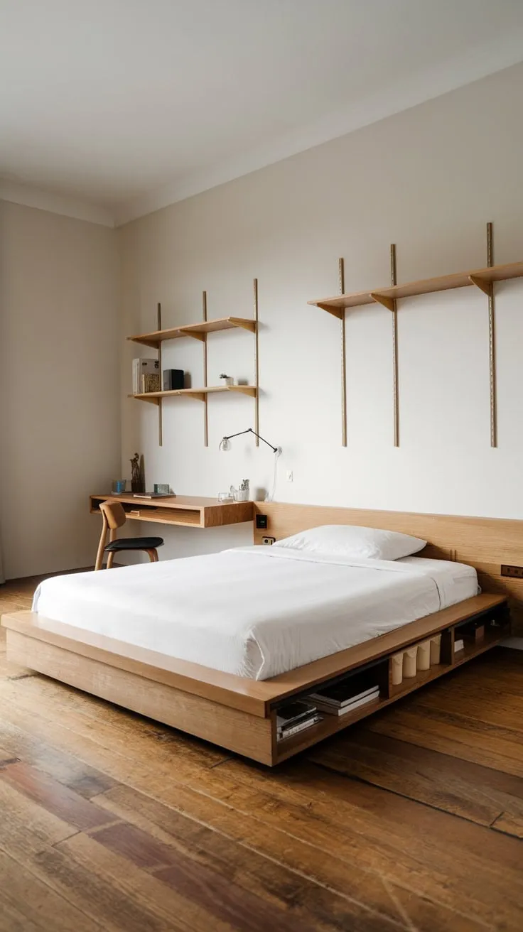 Clean lines and built-in storage define this minimalist bedroom's serene queen-size platform bed