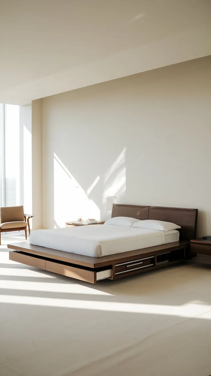 A serene white bedroom showcases a minimalist design with a dark wood platform bed and ample natural light.