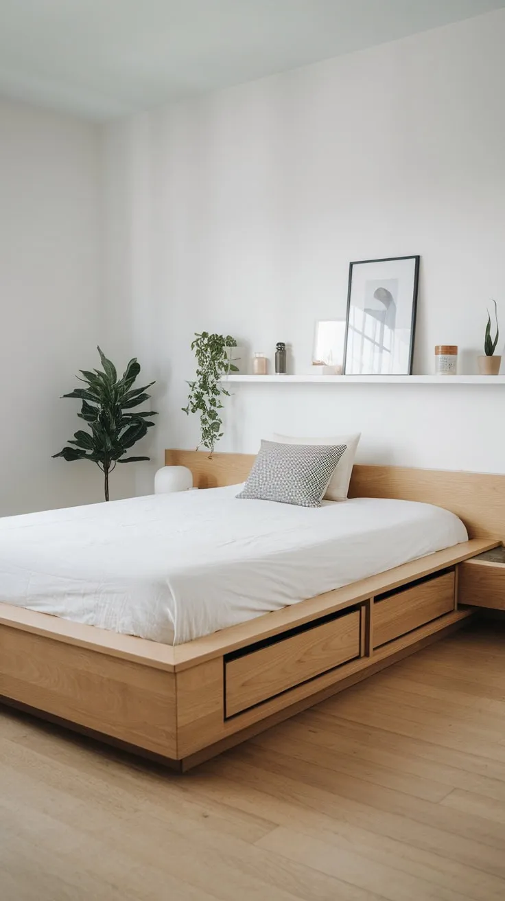 Clean lines and a few personal touches define this serene minimalist bedroom featuring a floating wood platform bed.