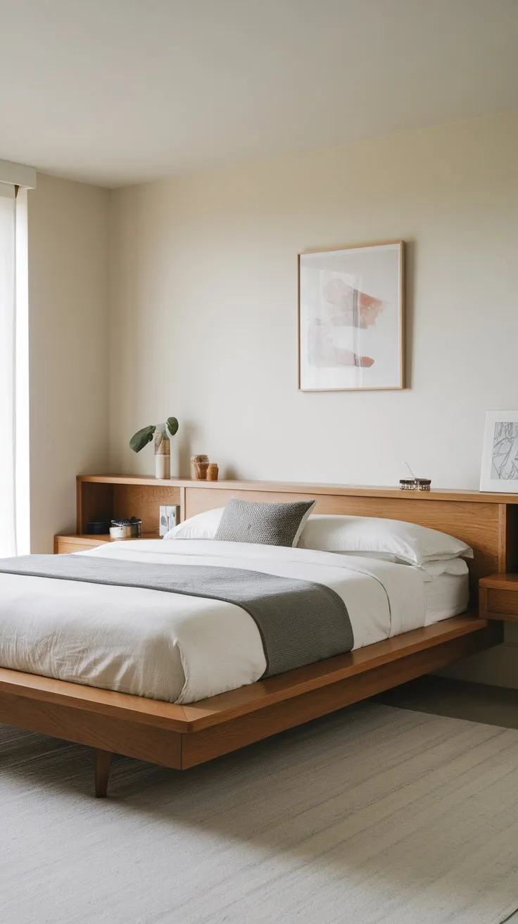 A light and spacious minimalist bedroom features a floating queen bed with integrated storage, showcasing simple elegance.
