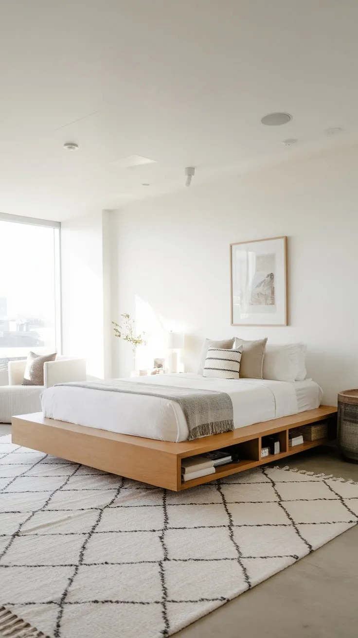 Clean lines and a floating platform bed define this minimalist bedroom's bright, airy aesthetic.