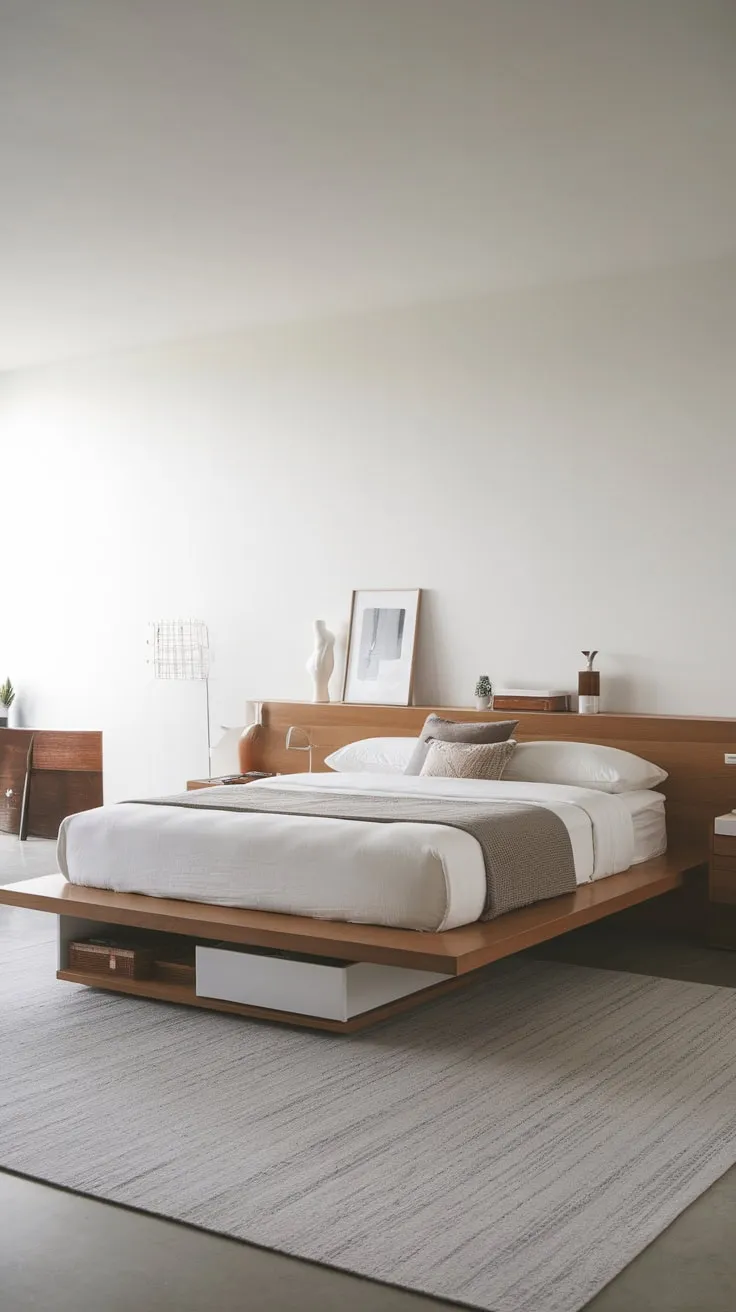 A floating queen bed anchors a minimalist bedroom, its clean lines and muted palette creating a tranquil sanctuary.