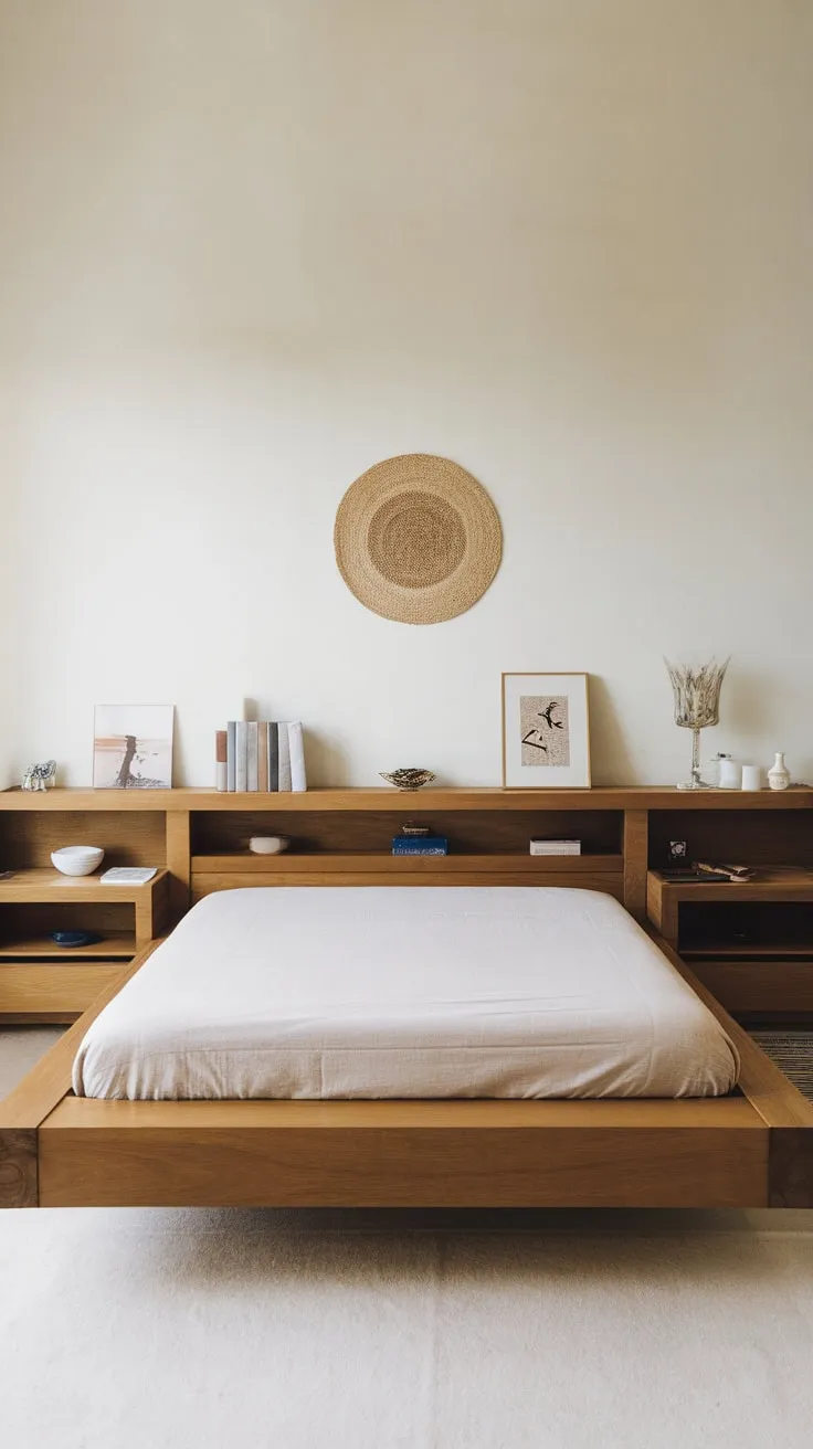 Simple décor and a space-saving wooden platform bed define this minimalist queen bedroom.