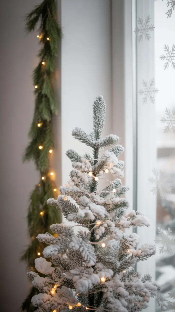 Snow-Kissed Minimalist Christmas – A Tiny White Tree in Warm Winter Light