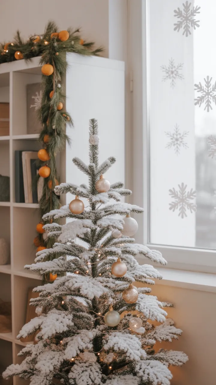 Serene Minimalist Christmas: Snow‑Dusted Tree and Soft Pastel Glow
