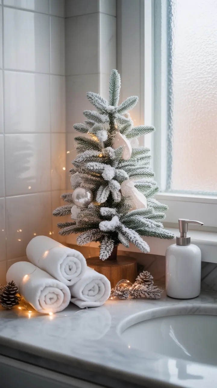 Serene Minimalist Christmas Bathroom with Snowy Tree and Warm Glow