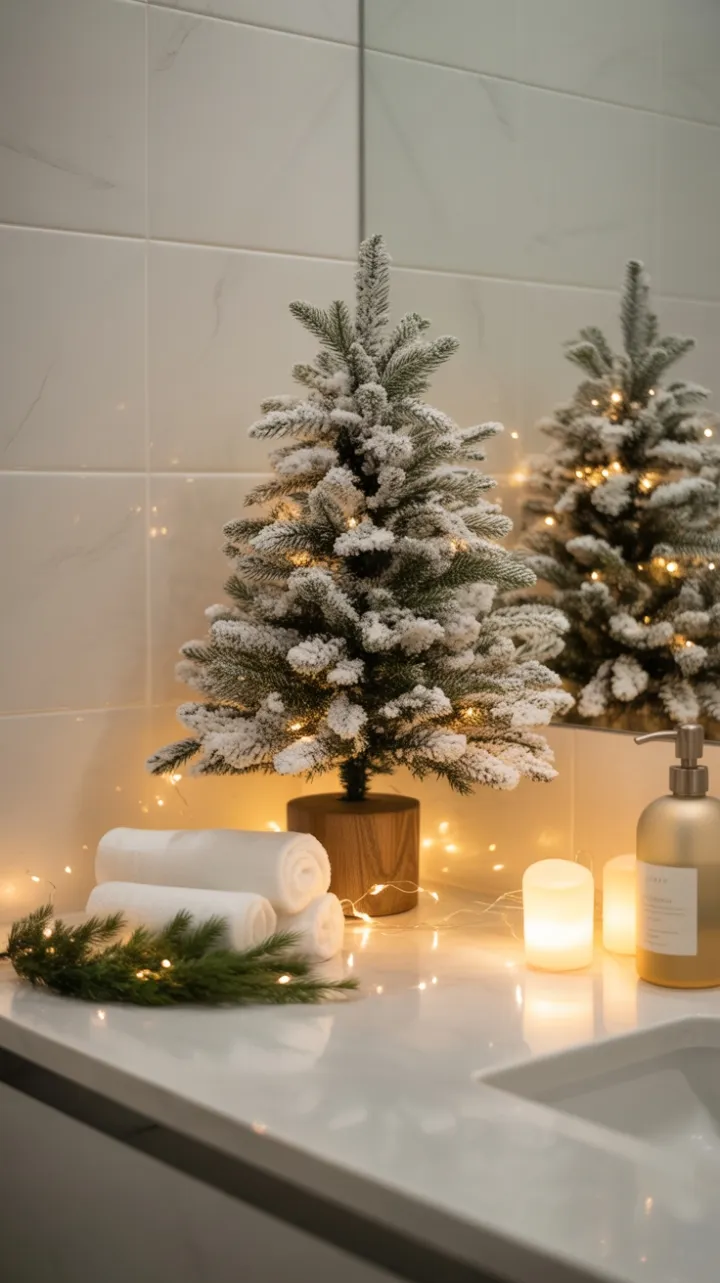 Serene Minimalist Bathroom with Snow‑Tipped Christmas Tree