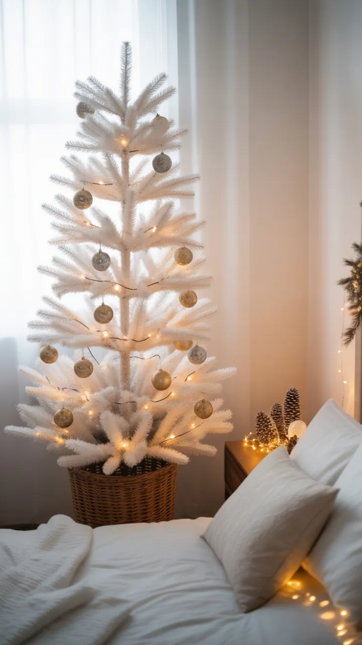 Serene Minimalist Holiday Bedroom with Slender White Tree