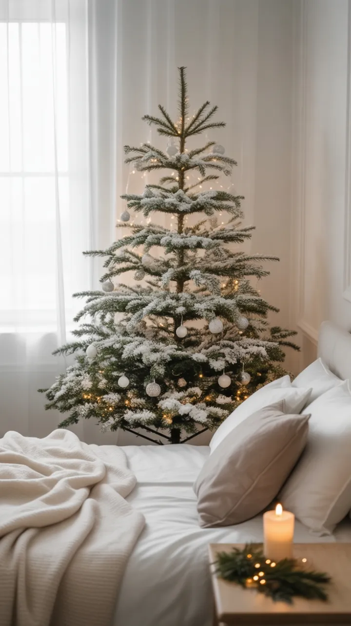 Serene Minimalist Christmas Bedroom with Frosted White Tree