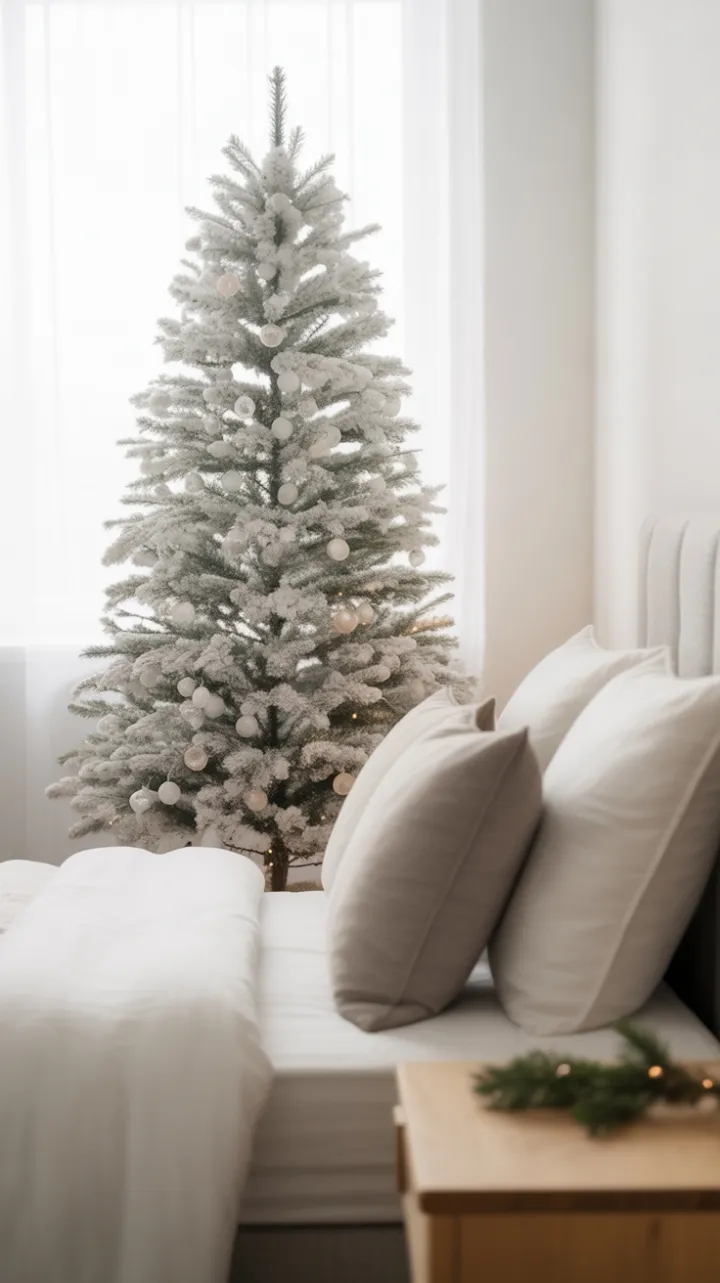 Serene Snow‑White Christmas Bedroom Bathed in Gentle Warm Light