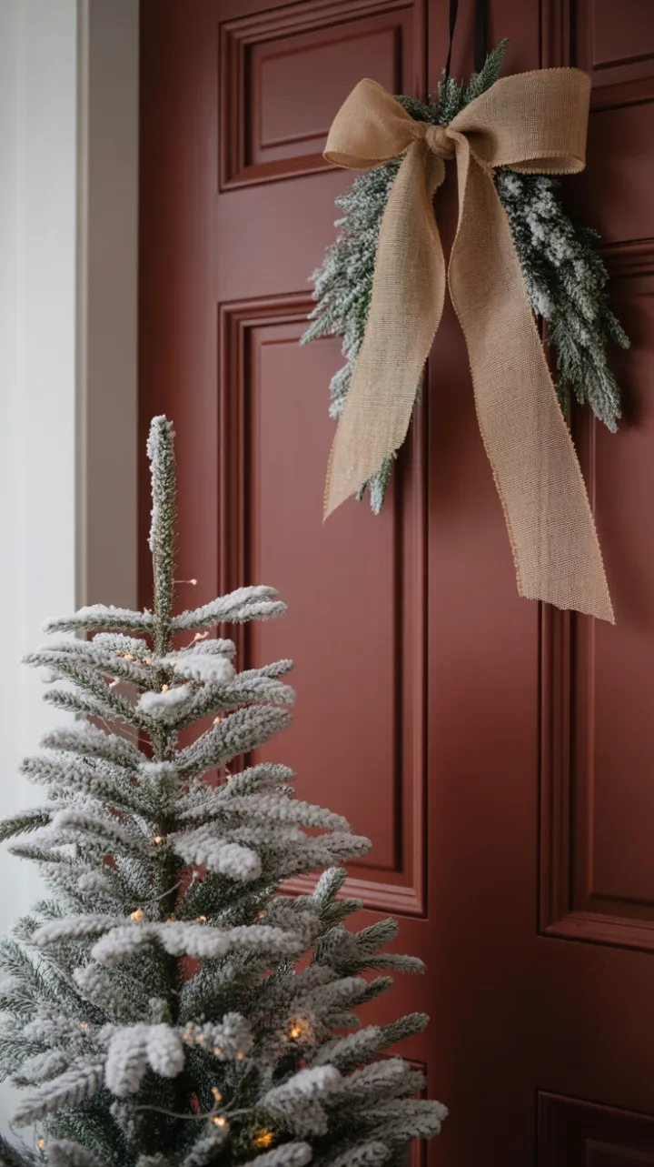 Frosted Evergreen Welcome on a Burgundy Door