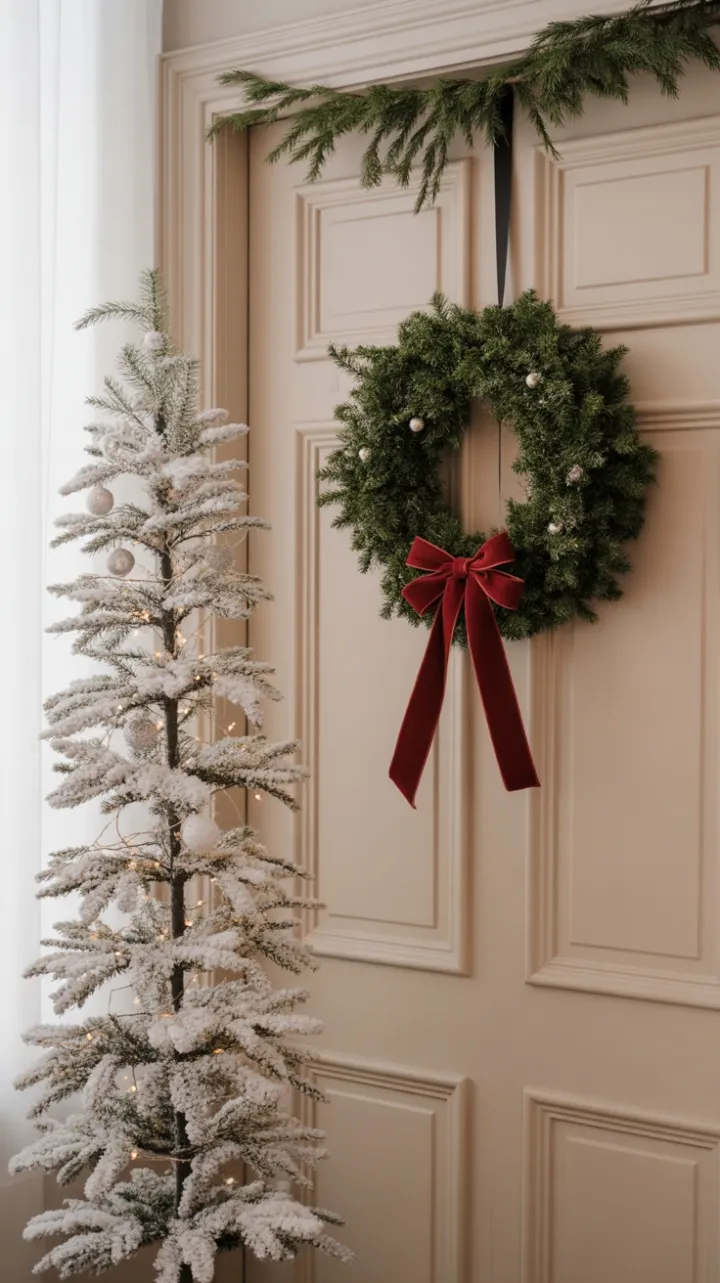 Snow-Dusted Simplicity with Velvet Bow and Silver Lights