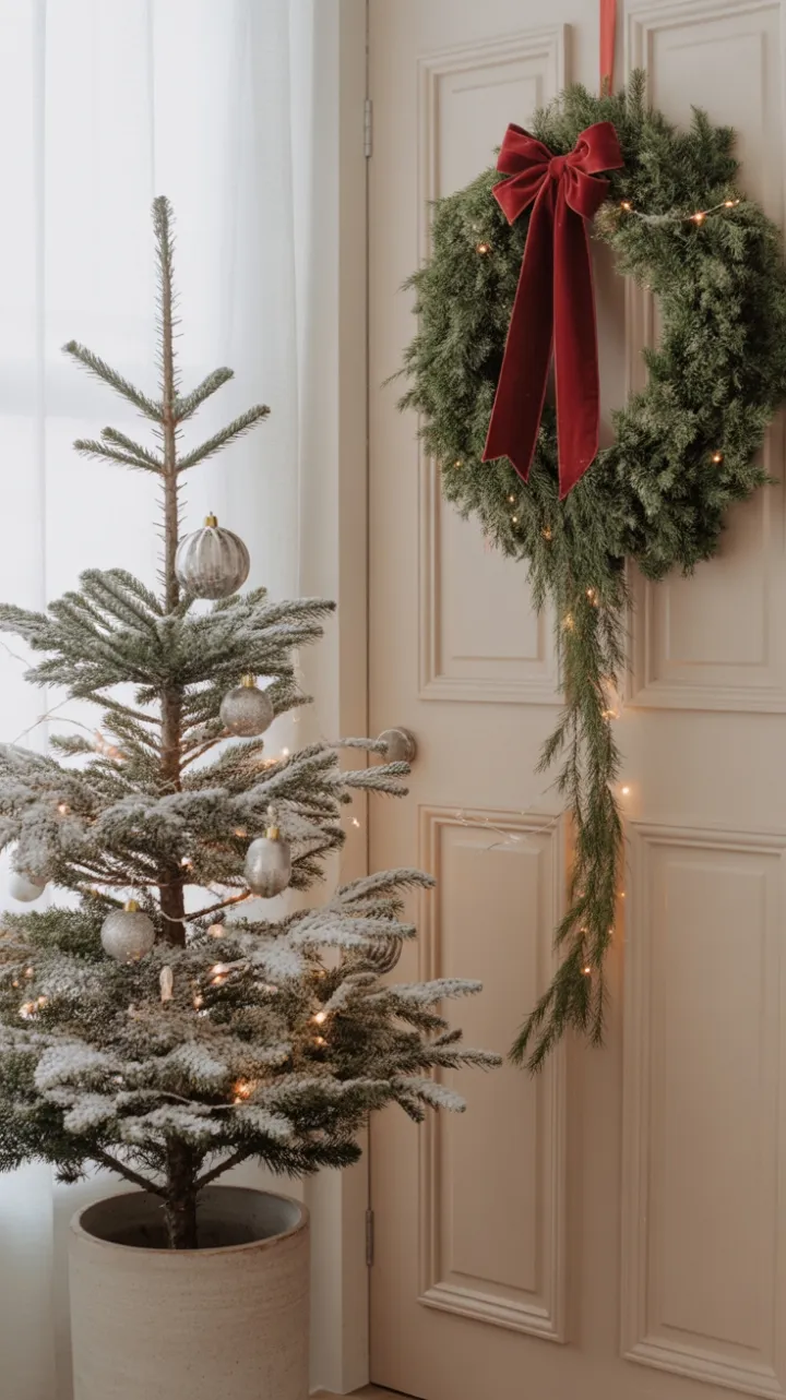 Snow-Kissed Evergreen Doorway with Velvet Bow