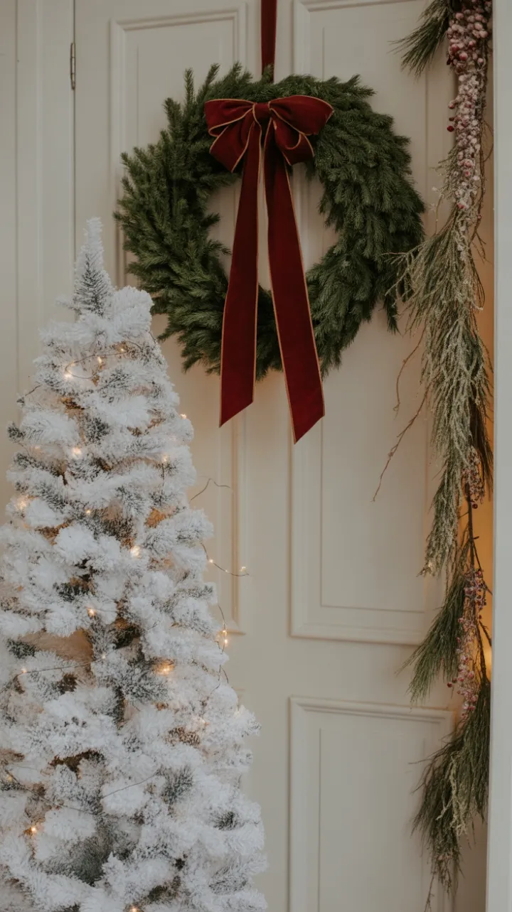Elegant Snowy Doorway with Velvet Bow and Silver Accents
