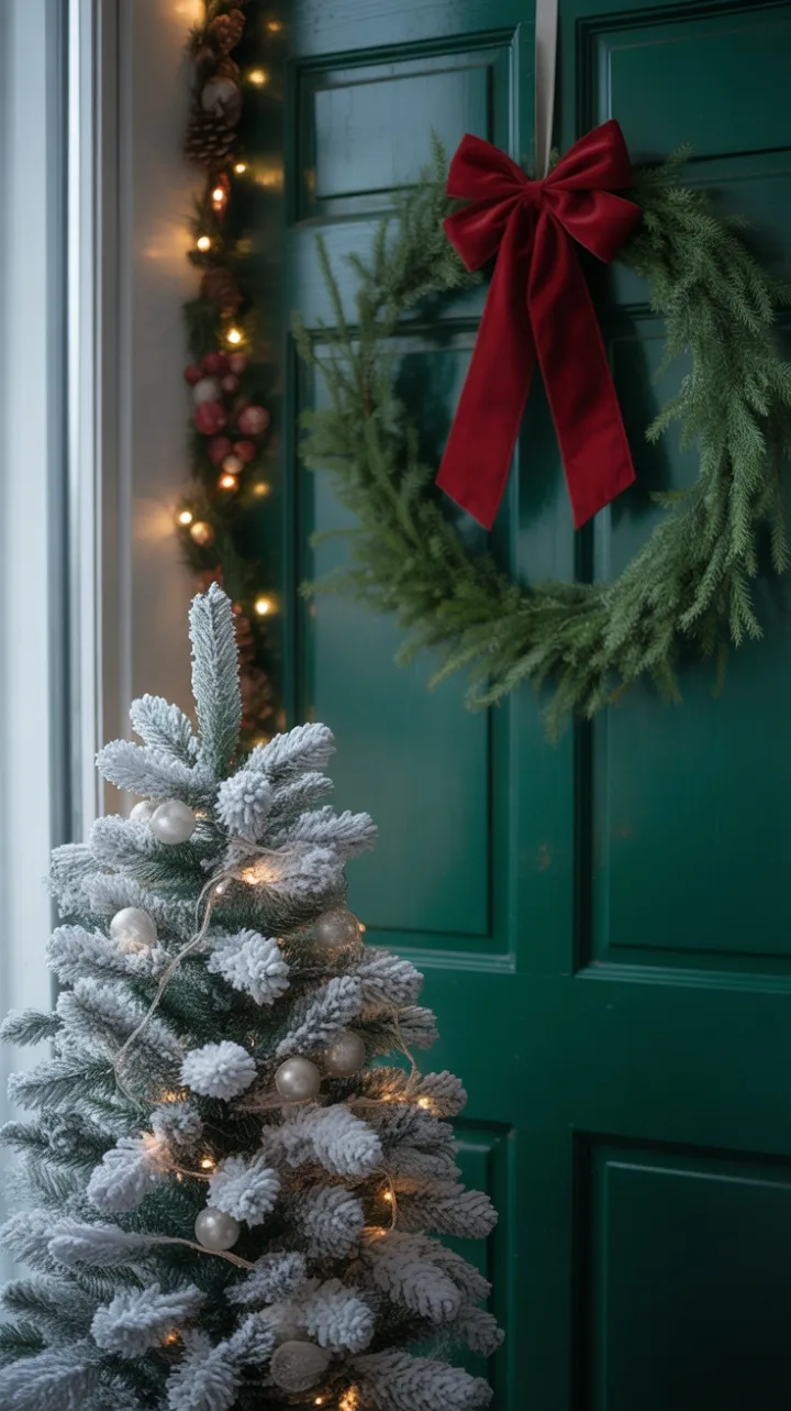 Snow-Kissed Simplicity on a Forest Green Door