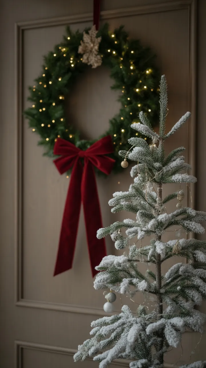 Snow-Kissed Minimalist Christmas Door with Velvet Bow
