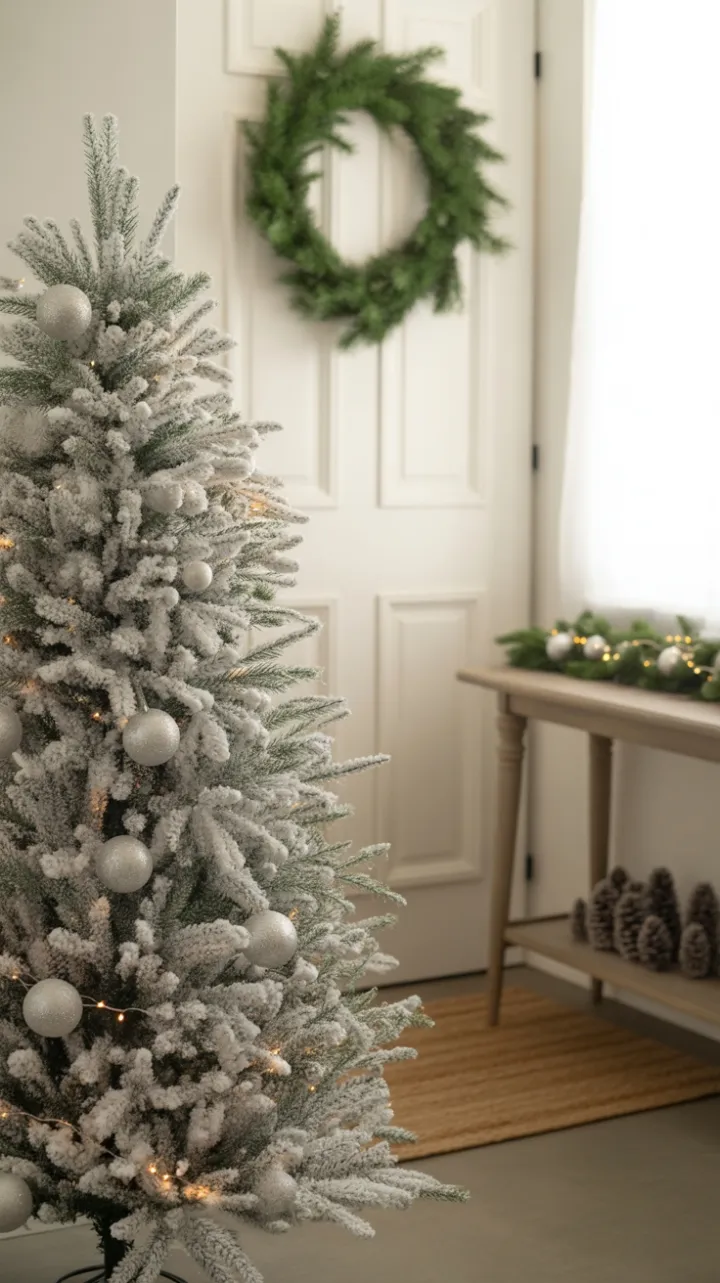 Winter Whisper Entryway with Snow‑White Tree and Warm Glow