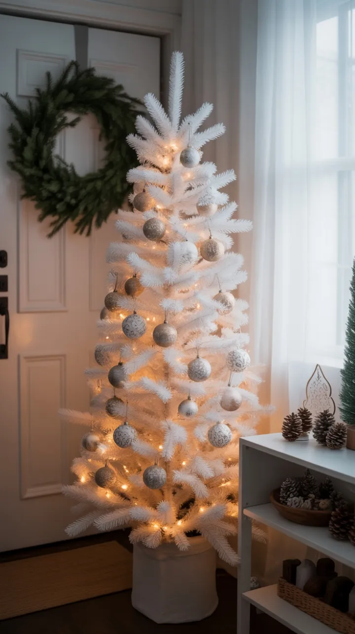 Serene Minimalist Christmas Entryway with Frosted Ornaments and Warm Lights