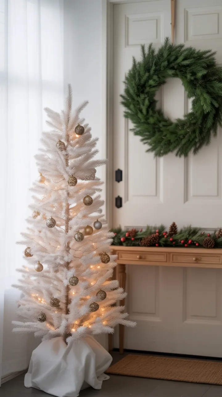 Minimalist Christmas Welcome with Snow‑White Tree and Golden Lights