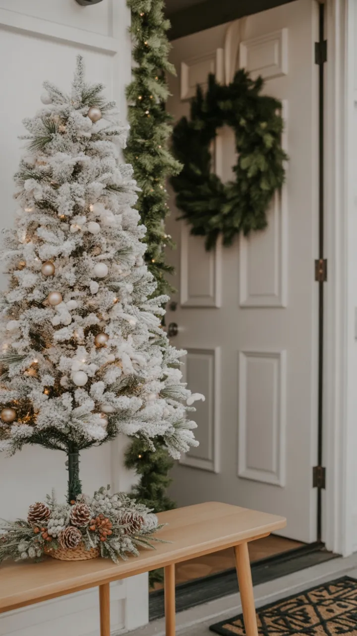 Winter-Soft Minimalist Entryway with Snow-White Tree and Golden Glow