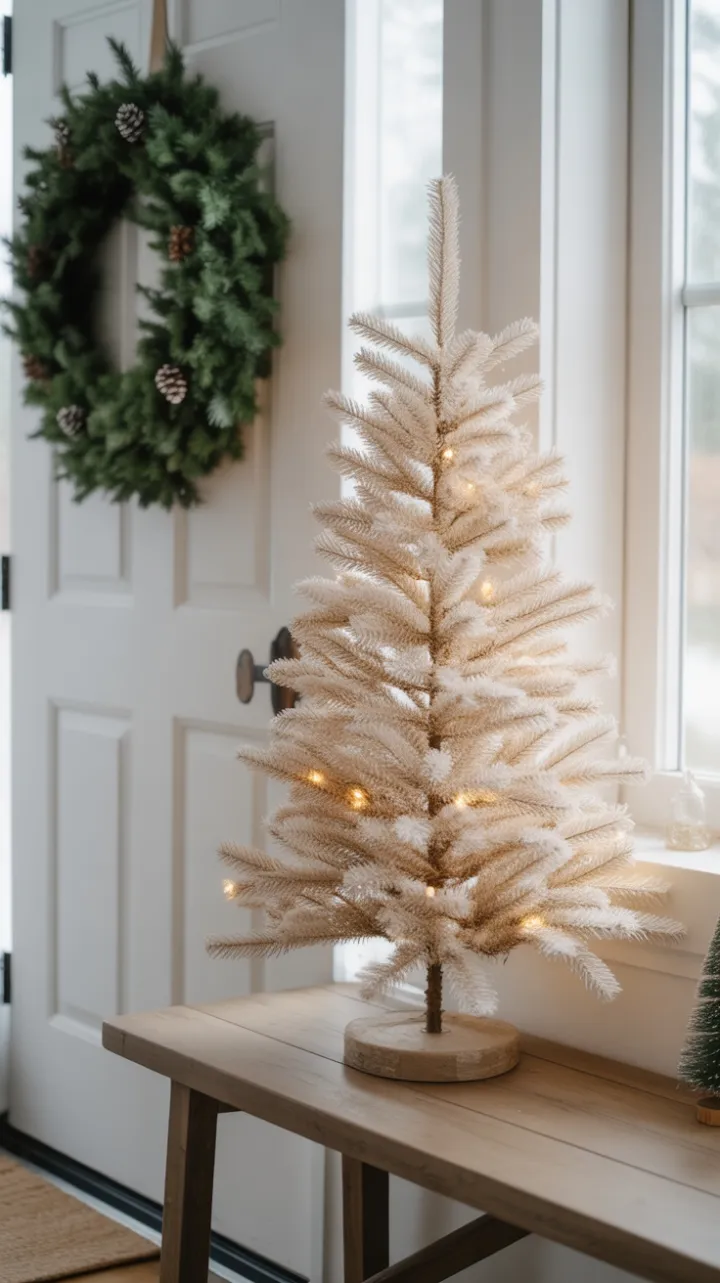 Serene Minimalist Christmas Entryway with White Tree and Gold Accents