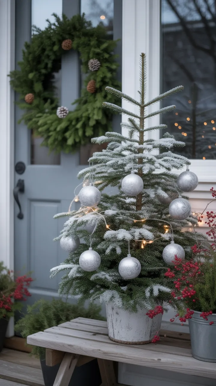 Snow-Kissed Minimalist Porch with Frosted Spruce and Winterberry Glow