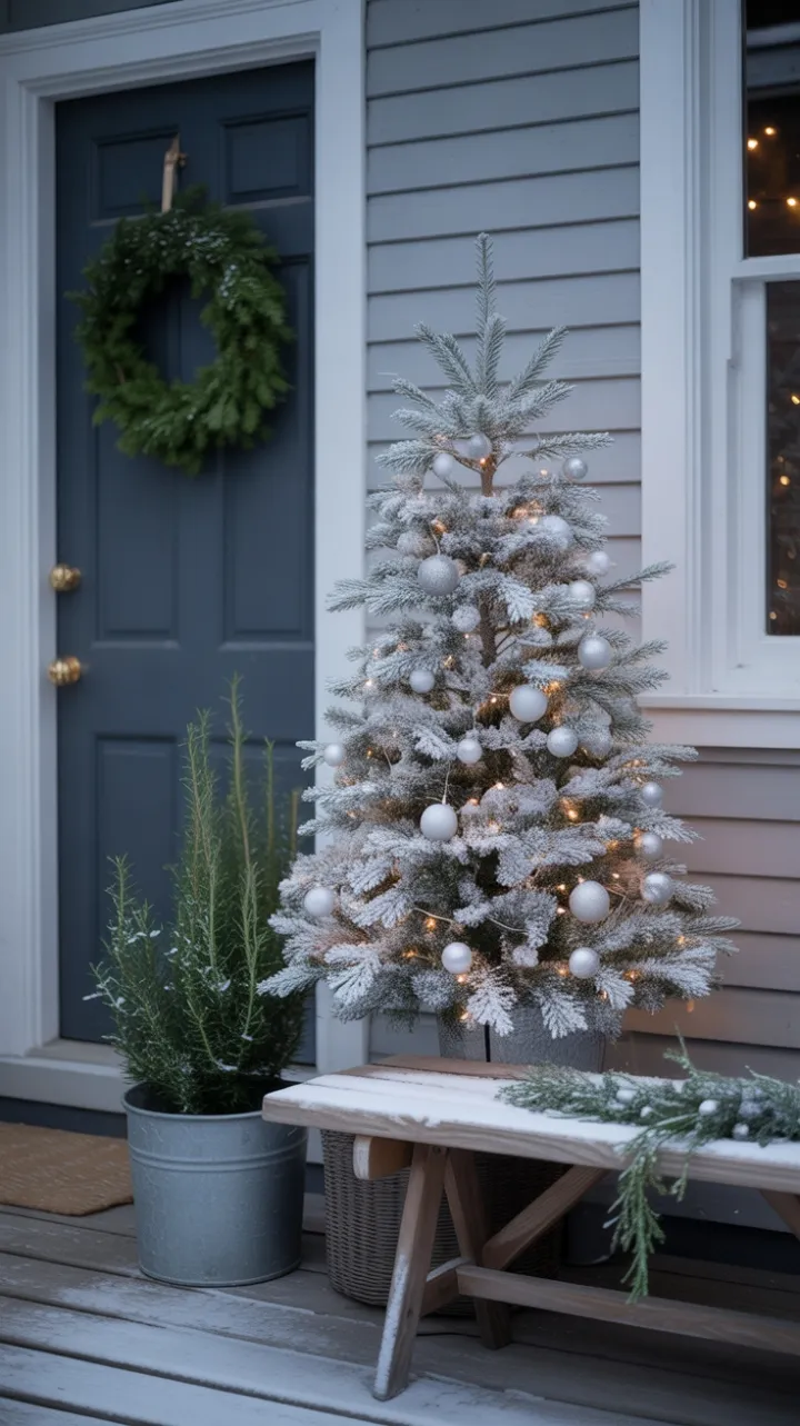 Snowlit Minimalist Porch with Slender White Christmas Tree