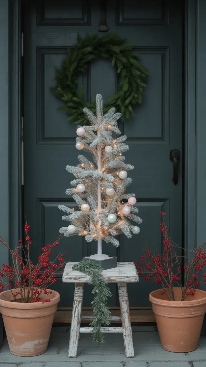 Tranquil Minimalist Christmas Porch with Slender White Tree