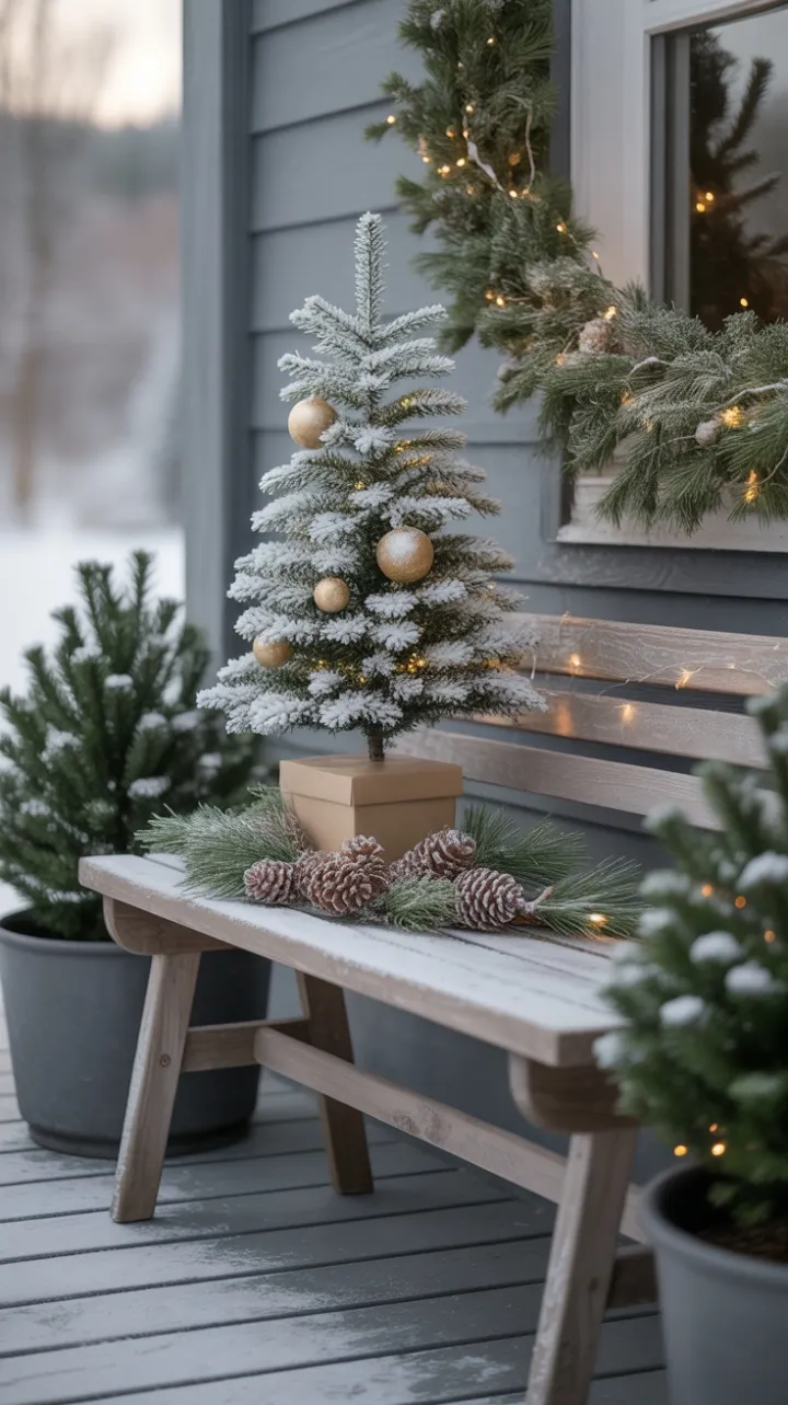 Snow-Kissed Minimalist Christmas Porch with Gold and Pine